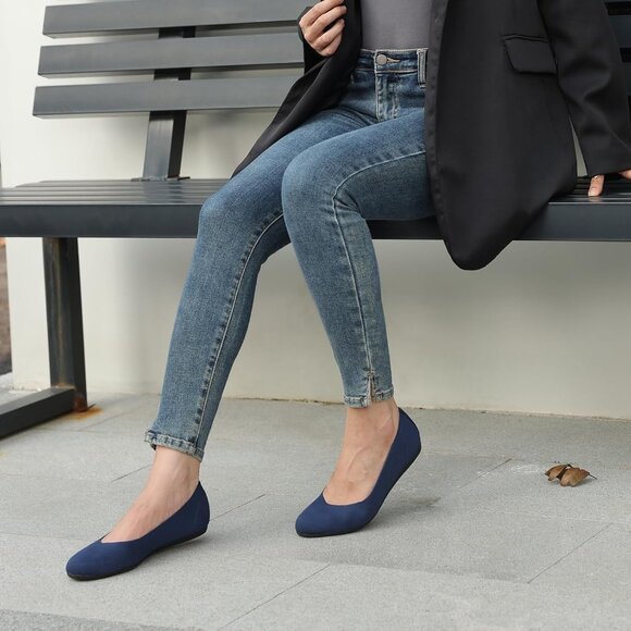 Women's Knit Ballet Blue Flats Round Toe Comfortable Dressy Casual Work Shoes - Picture 2 of 5